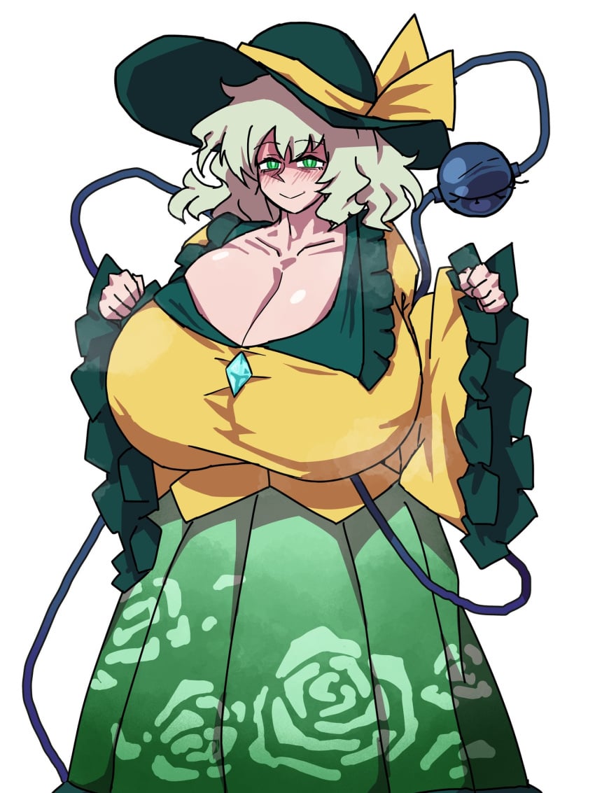 1girls aged_up big_breasts blush_lines breasts breasts_bigger_than_head cleavage clothed_female giant_breasts green_eyes green_hair hat huge_breasts koishi_komeiji light-skinned_female milf okinanocanvas solo solo_female third_eye touhou white_background