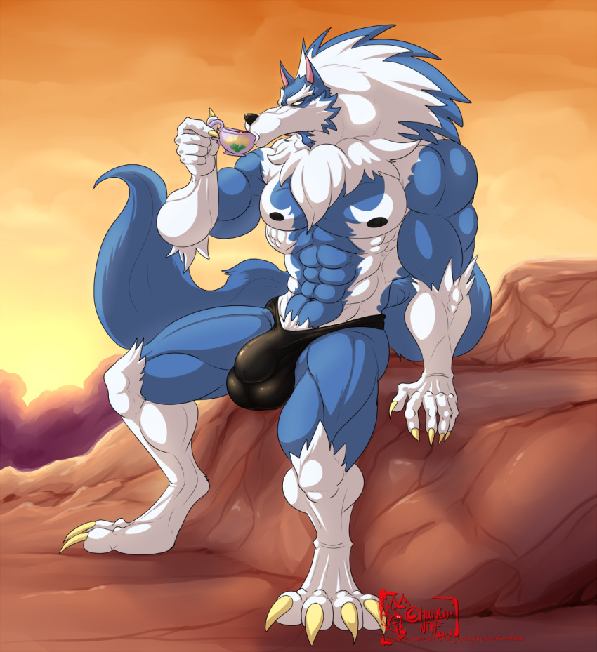 2019 4_toes 5_fingers abs anthro beverage biceps big_muscles black_nose blue_fur blue_hair blue_skin bulge canid canine canis capcom claws clothed clothing cup darkstalkers desert digitigrade eyebrows fingers fur gallon gloves_(marking) hair hi_res hungothenomster jon_talbain leg_markings looking_aside male male_only mammal mane markings multicolored_fur multicolored_hair multicolored_skin muscular muscular_male muscular_thighs nipples pecs penis_outline sitting socks_(marking) solo standing tea tea_cup thong tight_underwear toe_claws toes topless two_tone_fur two_tone_hair two_tone_skin underwear vampire_savior video_games were werecanid werecanine werewolf white_fur white_hair white_skin wolf yellow_eyes