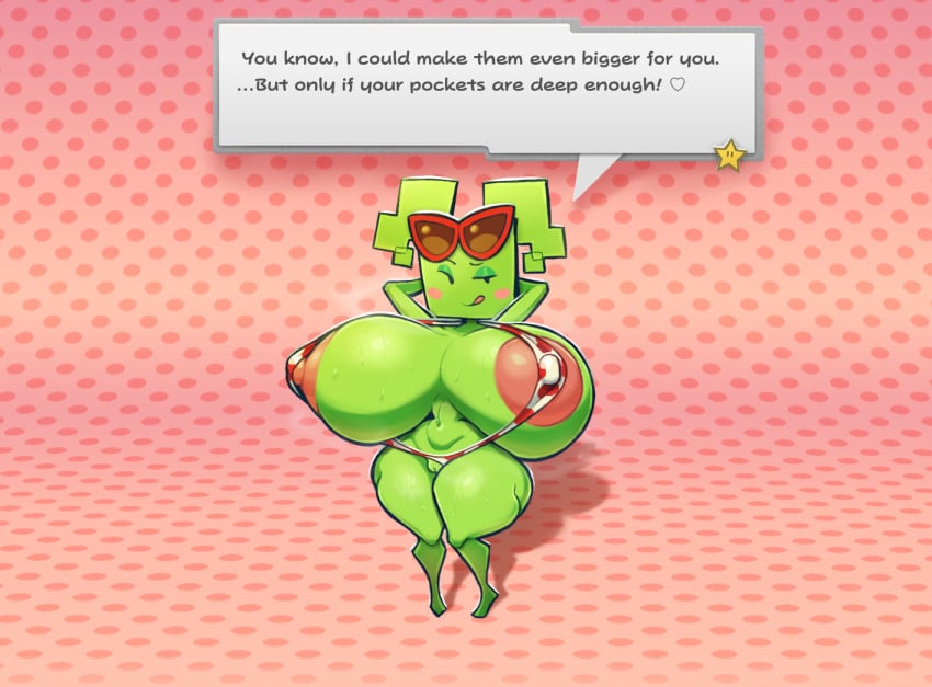 1girls anonsprite barefoot bikini breasts_bigger_than_head cube_head dialogue female female_only full_body gigantic_breasts huge_areolae huge_ass huge_breasts hyper_breasts inner_sideboob looking_at_viewer mario_(series) mimi_(super_paper_mario) narrow_waist one-piece_swimsuit paper_mario pokadots puffy_nipples pussy_slip rosy_cheeks shortstack sideass sideboob solo solo_female super_paper_mario teasing text wide_hips