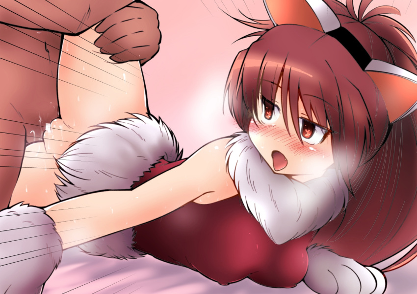 1boy animal_ears blush bottomless breasts cat_ears erect_nipples female happy_sex heart heart-shaped_pupils hitori_jozu looking_back mahou_shoujo_madoka_magica no_panties one_leg_raised paw_gloves pussy pussy_juice red_eyes red_hair sakura_kyouko sex small_breasts symbol-shaped_pupils tongue tongue_out vaginal_penetration