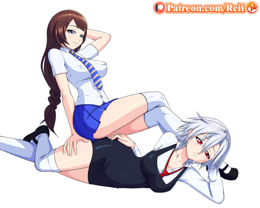 2018 2girls brown_hair c-sha neptunia_(series) red_eyes reit s-sha schoolgirl stockings white_hair