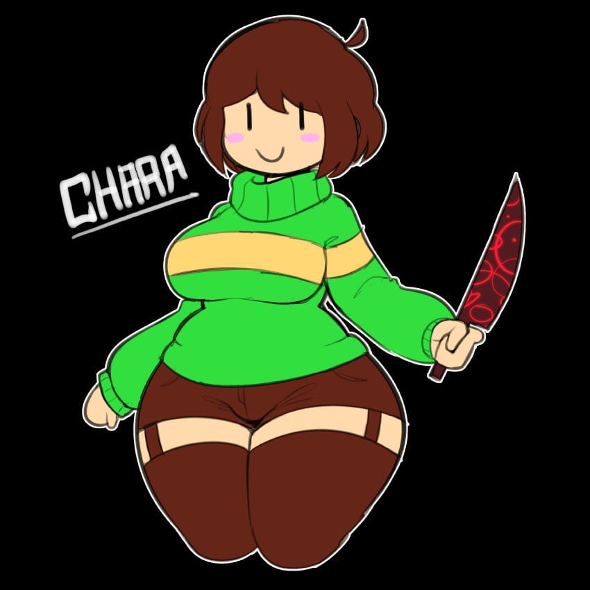 1girls :) =) black_background breasts brown_hair chara chara_(undertale) clothed female holding_knife holding_object knife light-skinned_female light_skin solo solo_female thick_thighs thighs toby_fox touselkie undertale undertale_(series) white_outline wide_hips