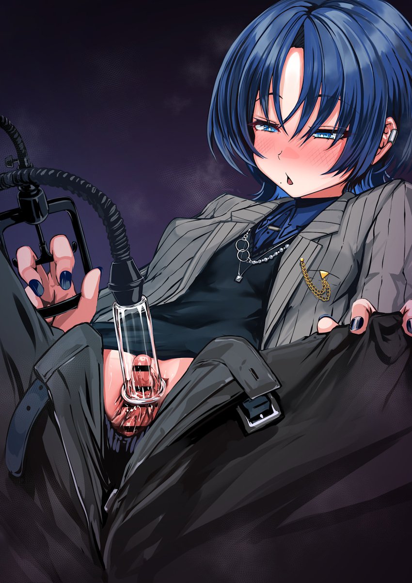 aqua_eyes bar_censor black_background black_nails black_pants black_vest blush breasts censored clitoris exposed_clitoris female female_masturbation full-face_blush grey_jacket highres hiodoshi_ao hololive jacket kajimakoto leaning_back lying masturbation mole on_back open_mouth open_pants pants pussy ribbed_jacket small_breasts solo steaming_body torogao vest virtual_youtuber