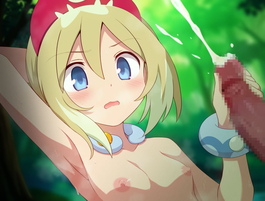 1boy arm_behind_head armpits blonde_hair blue_eyes blurry blurry_background blush bracelet breasts censored commentary_request commission cum curakuru day ejaculation female hair_between_eyes hairband handjob highres irida_(pokemon) jewelry medium_hair mosaic_censoring neck_ring nipples nude open_mouth outdoors penis pokemon pokemon_legends:_arceus skeb_commission straight sweat