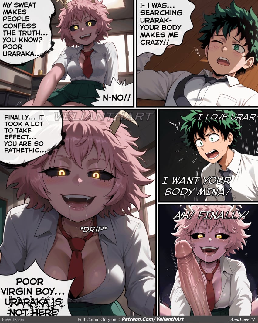 1boy ai_assisted ai_generated angry ashido_mina black_sclera blush boku_no_hero_academia breasts character_name cleavage comic cowgirl_position d: english_text engrish_text female hentai horns indoors izuku_midoriya large_breasts long_sleeves looking_at_viewer manga messy_hair midoriya_izuku multiple_views my_hero_academia necktie no_bra one_eye_closed open_mouth penis pink_hair pink_skin pov ranguage red_eyes school_uniform shirt short_hair smile speech_bubble straight table teeth tongue tongue_out u.a._school_uniform uncensored velianthart watermark yellow_eyes