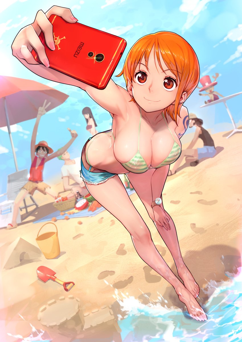 2girls 4boys absurdres areolae beach bent_over bikini breasts bucket cleavage clothing electronics female gorgeous_mushroom highres human male monkey_d_luffy nami nami_(one_piece) nico_robin one_piece pale_skin phone pre-timeskip pre_timeskip roronoa_zoro sand_castle selfie shovel sitting solo_focus standing swimwear tony_tony_chopper usopp wristwear