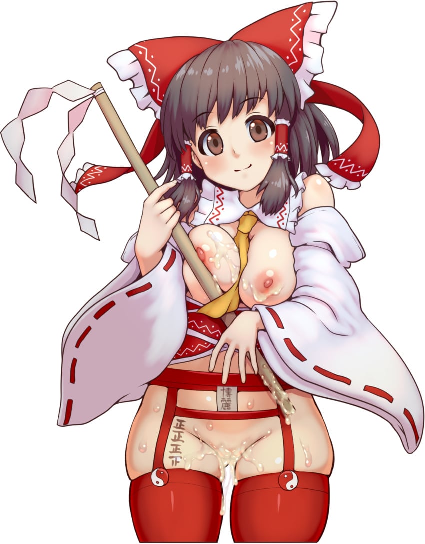 breast_squeeze breasts cum_on_body d.koutya detached_sleeves garter_belt gohei hair_ribbon pussy reimu_hakurei revealing_clothes tagme thighhighs touhou transparent_background