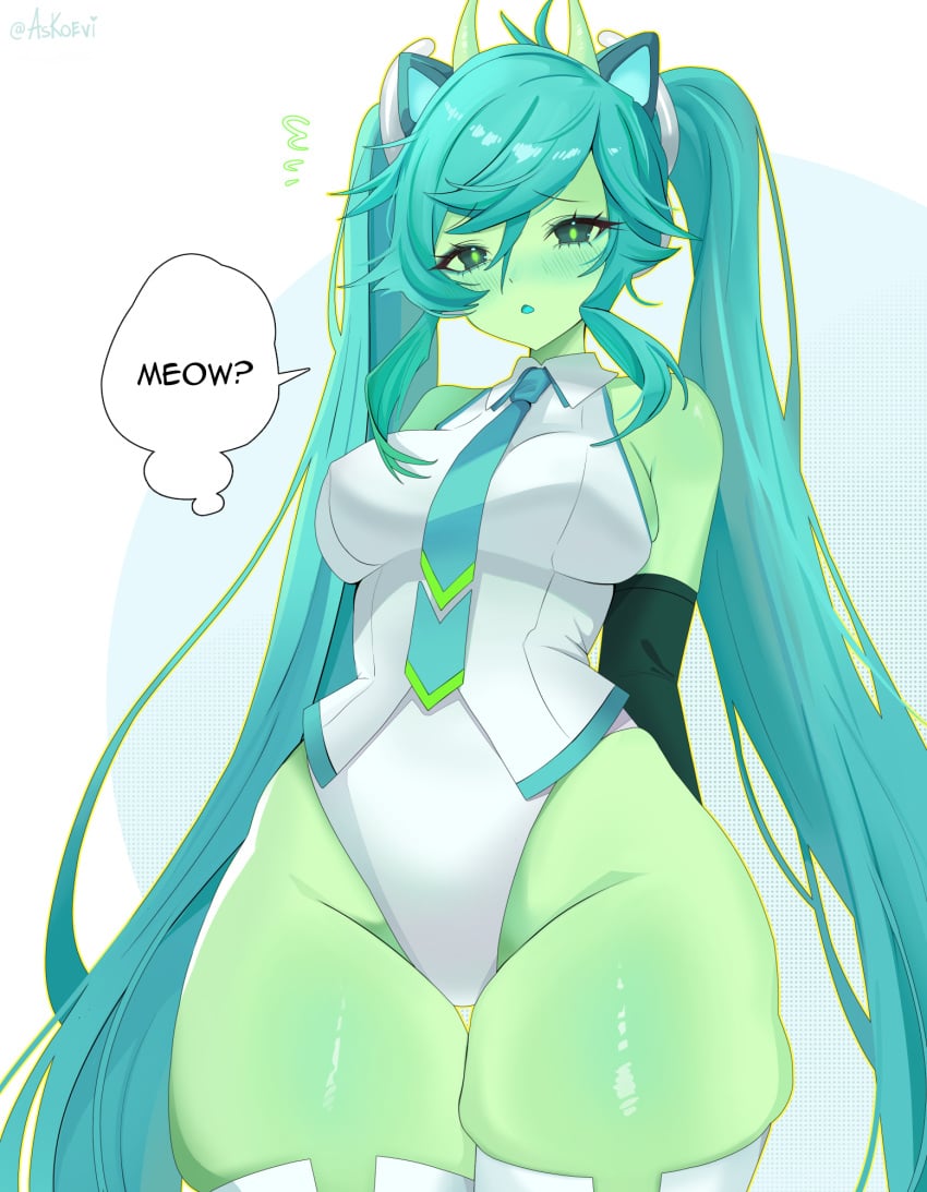 absolute_territory askoevi blush bodysuit bunnysuit cat_ears female female_only green_eyes green_skin hands_behind_back hatsune_miku horns long_gloves long_hair looking_at_viewer no_sex no_visible_genitalia speech_bubble stockings thick_thighs vocaloid