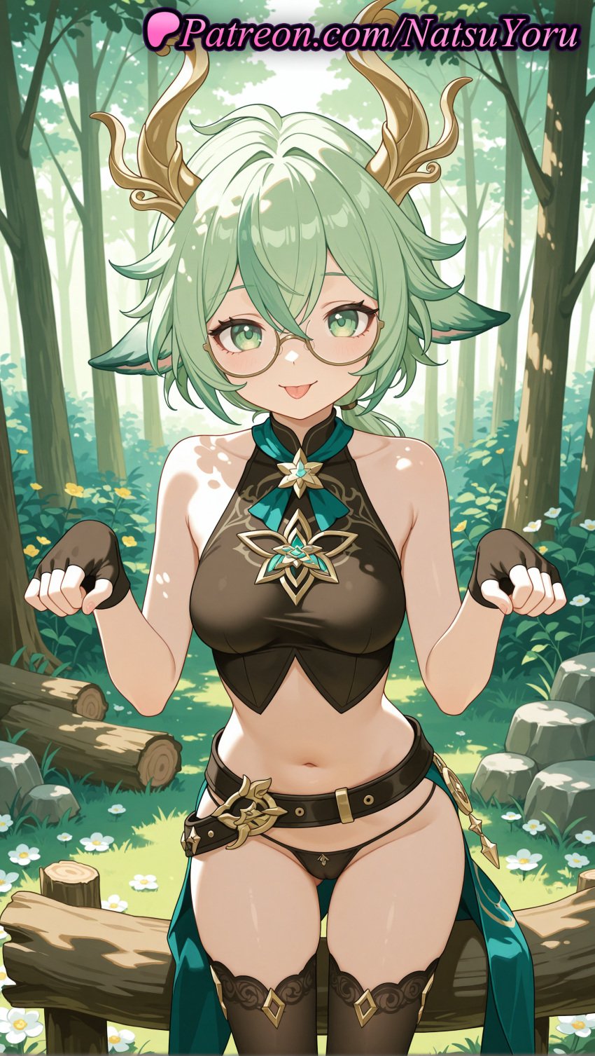 1girls ai_generated animal_ears anime anime_style antlers ass_visible_through_thighs bangs bare_arms bare_shoulders belt black_belt black_gloves black_panties black_shirt black_thighhighs blush breasts brooch brown_thighhighs bust busty cowboy_shot crop_top crossed_bangs day female female_focus female_only fingerless_gloves flower forest genshin_impact glasses gloves green_eyes green_hair hair_between_eyes hands_up hentai hi_res high_quality high_resolution highres horns lipstick long_hair looking_at_viewer makeup medium_breasts megane midriff multicolored_hair mushroom natsuyoru nature navel no_pants outdoors panties pantsu patreon paw_pose rock round_eyewear semi-rimless_eyewear shirt sleeveless sleeveless_shirt smile solo solo_female standing stockings stomach streaked_hair string_panties sucrose_(genshin_impact) swimsuit thighhighs thighs tongue tongue_out tree under-rim_eyewear underwear voluptuous voluptuous_female