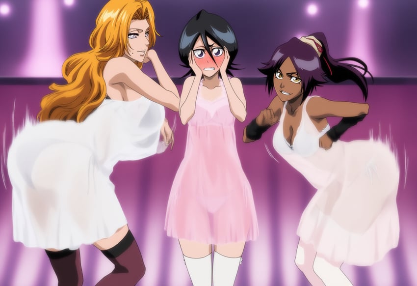 3girls ai_assisted ai_generated anime_style ass_shake bleach bra dancing embarrassed full_face_blush kuchiki_rukia matsumoto_rangiku motion_blur motion_lines nightclub nightgown panties self_upload selvokaz shihouin_yoruichi tagme thighhighs