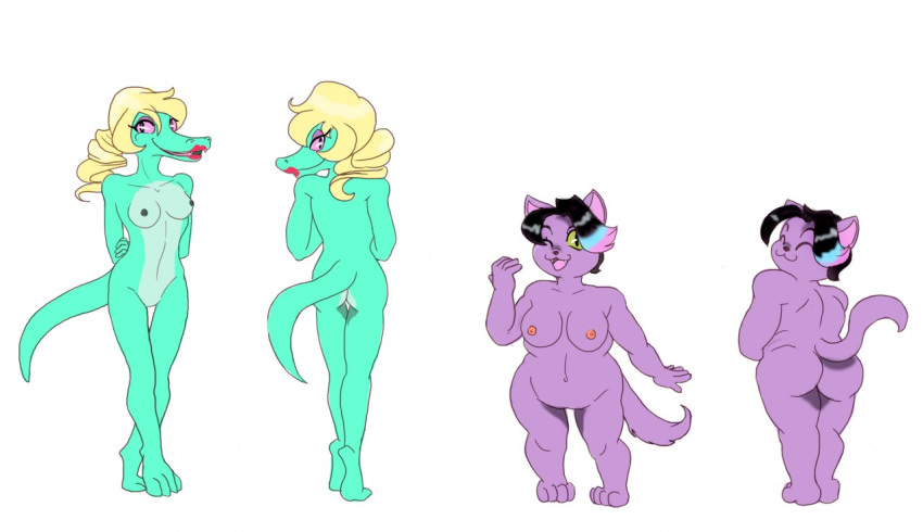 2017 alligator anthro areola ass big_breasts black_hair bratty_(undertale) breasts catty_(undertale) crocodilian feline feline female fur hair mammal missebony nipples nude open_mouth overweight purple_fur reptile scalie short simple_background skinny slightly_chubby smile tall undertale video_games