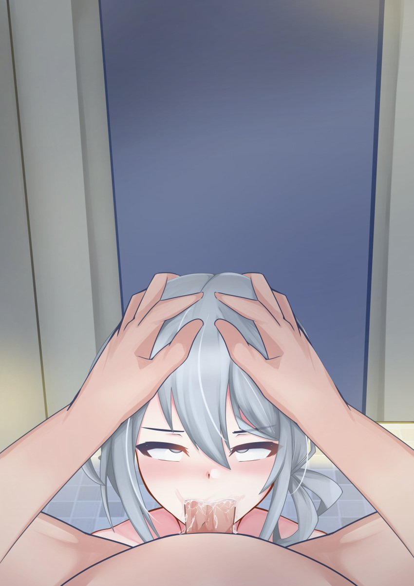 1boy absurdres bar_censor bathroom blush breasts censored completely_nude cum cum_in_mouth deepthroat erection fellatio female frown ganymede_(grand_chase) grand_chase grey_eyes grey_hair head_grab highres indoors irrumatio kiri_yukino medium_breasts nipples nude oral penis rolling_eyes small_breasts straight tsurime