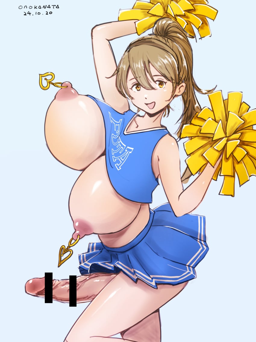 brown_hair cheerleader cheerleader_uniform futanari huge_breasts nipple_rings onokanata pom_poms ponytail smile