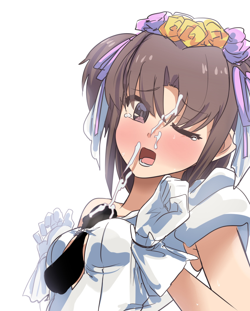 absurdres blank_censor blush breasts brown_hair censored commentary_request cum cum_on_body disembodied_penis dress facial female flower furrowed_brow gloves hands_up head_wreath highres inami_suu looking_at_viewer mashitono_desu one_eye_closed open_mouth paizuri parted_bangs penis purple_eyes short_hair simple_background small_breasts solo straight sweat tearing_up toji_no_miko two_side_up upper_body white_background white_dress white_gloves