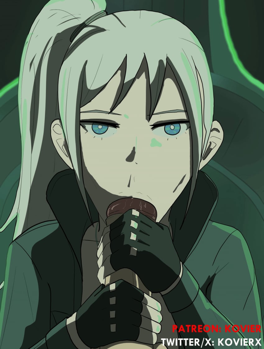 1boy 1girls 2025 2d animated animated animation bangs blowjob blue_eyes clothed elizabeth_(vivy) fellatio female gloves handjob handjob_while_sucking indoors kovier long_hair looking_at_viewer military_jacket military_uniform patreon patreon_username ponytail pov twitter twitter_username vivy:_fluorite_eye's_song watermark wet