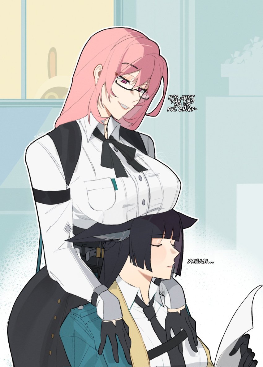 animal_ears ass ass big_ass big_breasts big_breasts big_breasts black_hair boobs_on_head breasts breasts breasts breasts_on_head closed_eyes clothed clothes clothing curvaceous curvaceous_ass curvaceous_female curvaceous_figure curvy curvy_ass curvy_female curvy_figure flirting glasses hayzehem hoshimi_miyabi hoyoverse long_hair office pink_hair teasing thick_ass tsukishiro_yanagi wanting_sex yuri zenless_zone_zero