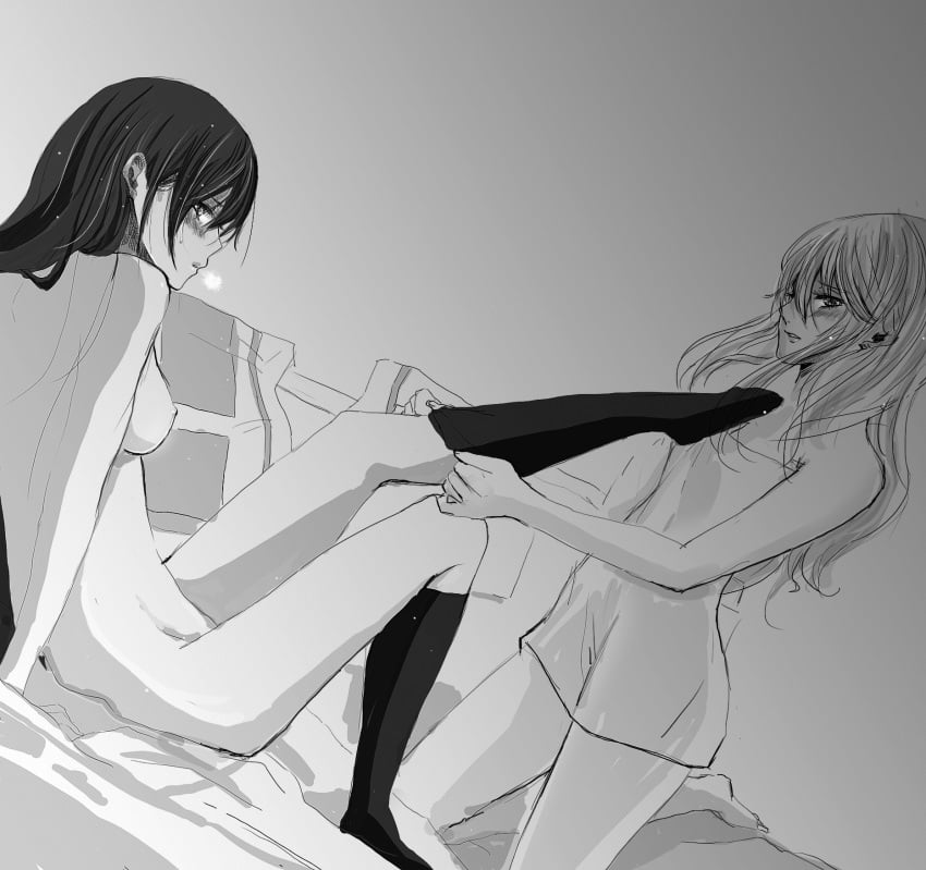 2girls aihara_mei aihara_yuzu blush breasts citrus_(saburouta) greyscale kio_sayuki kneeling long_hair medium_breasts monochrome multiple_girls nipples sisters sitting small_breasts step-incest stepsibling stepsister stepsisters undressing yuri