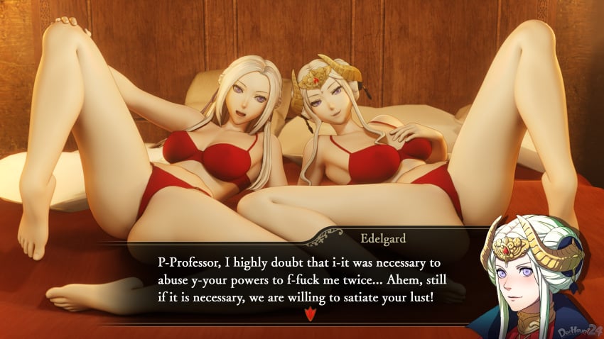 2girls artist_name ass beckoning big_ass bra breasts come_hither covered_nipples dochaunt24 dual_persona edelgard_von_hresvelg empress english_text female female_only fire_emblem fire_emblem:_three_houses hand_on_own_chest inviting inviting_to_sex light-skinned_female light_skin long_hair medium_breasts multiple_girls nintendo nipples panties post-timeskip pre-timeskip presenting purple_eyes red_bra red_panties royalty short_hair spread_legs student take_your_pick teacher teacher_and_student text text_box time_paradox underwear white_hair