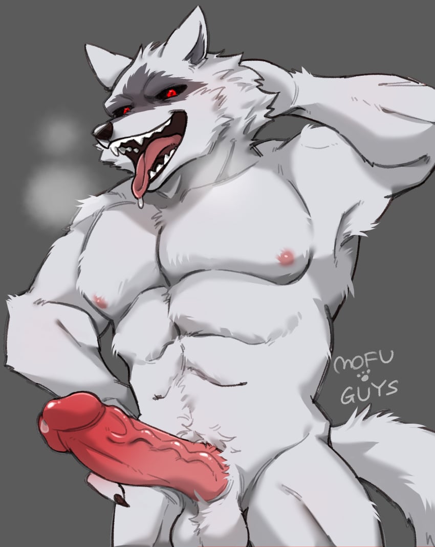 abs anthro balls belly_tuft big_penis bodily_fluids breath canid canine canis casual_nudity cheek_tuft chest_tuft claws death_(puss_in_boots) dreamworks erection facial_markings facial_tuft fangs fluffy fluffy_tail fur fuzzy genital_fluids genitals grey_background grey_body grey_fur hand_behind_head hand_on_hip head_markings head_tuft hi_res humanoid_genitalia humanoid_penis looking_at_viewer male mammal markings mask_(marking) mufo_guys muscular muscular_anthro muscular_male neck_tuft nipples open_mouth open_smile penis pose precum puss_in_boots_(franchise) raised_arm red_eyes saliva signature simple_background smile solo standing tail teeth tongue tongue_out tuft vein veiny_penis wolf