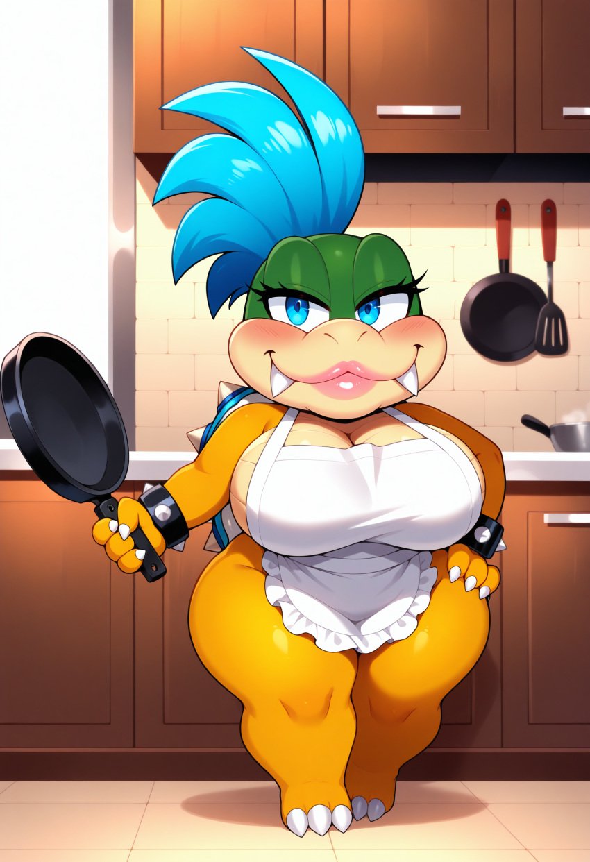 ai_generated anthro blue_eyes blue_hair blush closed_mouth curvy eyelashes fangs_out female frying_pan genderswap_(mtf) hand_on_hip hi_res holding koopa large_breasts larry_koopa lips lipstick looking_at_viewer mario_(series) naked_apron naughty_face nintendo rule_63 scalie seductive_smile self_upload shortstack smug solo spiked_shell white_apron