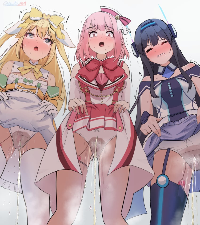 3girls black_hair blonde_hair blue_thighhighs bow bow_panties breasts closed_eyes clothes_lift commentary_request commission constricted_pupils dress dress_lift egg_vibrator fujisawa_yuzu garter_straps green_eyes highres hoshizaki_akari large_breasts lifting_own_clothes long_hair michinoku_(michino934) misumi_aoi multiple_girls ongeki panties peeing peeing_self peeing_through_clothing peeing_through_panties peeing_together pink_eyes pink_hair rolling_eyes sex_toy short_hair simple_background skeb_commission small_breasts textless_version thighhighs underwear urine variant_set vibrator vibrator_in_thigh_strap vibrator_in_thighhighs vibrator_under_clothes vibrator_under_panties white_background white_panties white_thighhighs