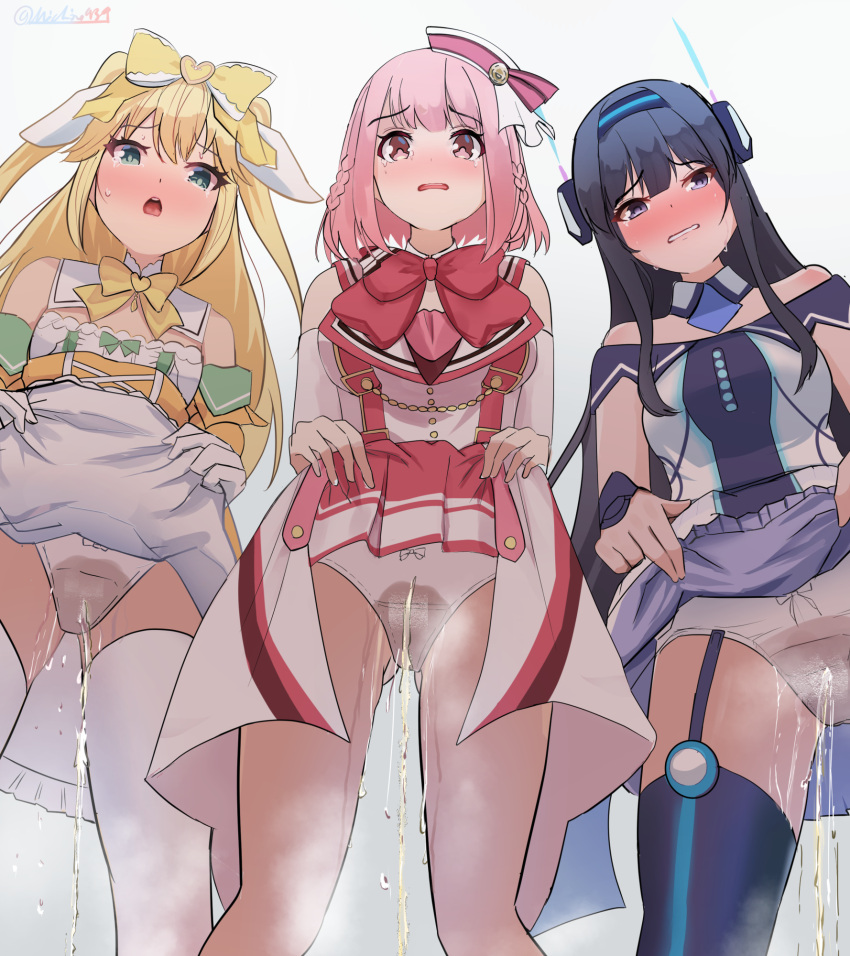 3girls black_hair blonde_hair blue_thighhighs bow bow_panties breasts clothes_lift commentary_request commission dress dress_lift fujisawa_yuzu garter_straps green_eyes highres hoshizaki_akari large_breasts lifting_own_clothes long_hair looking_at_viewer michinoku_(michino934) misumi_aoi multiple_girls ongeki panties peeing peeing_self pink_eyes pink_hair purple_eyes short_hair simple_background skeb_commission small_breasts textless_version thighhighs underwear urine variant_set white_background white_panties white_thighhighs