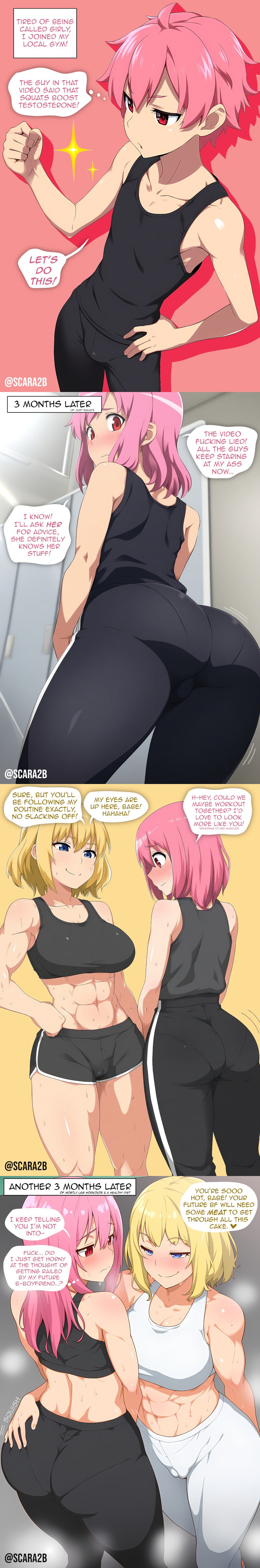 1boy abs absurd_res absurdres ai_assisted ai_generated ass ass_focus big_ass black_leggings black_pants black_sports_bra black_tank_top blonde_hair blue_eyes blush bulge comic comic_strip english_text female femboy feminine_male feminization from_behind hand_on_another's_ass hand_on_ass hand_on_hip high_resolution highres huge_ass leggings locker_room long_hair medium_hair muscles muscular_female original original_artwork original_character otoko_no_ko pants pantylines pink_background pink_hair pussy_outline pussy_visible_through_clothes red_eyes round_ass scarabb self_upload short_hair short_shorts simple_background sissy skinny smile smirk sparkles sports_bra sports_shorts standing story striped_legwear sweaty tagme tank_top text text_box text_bubble thick_thighs thighs tomgirl trap watermark white_leggings white_sports_bra