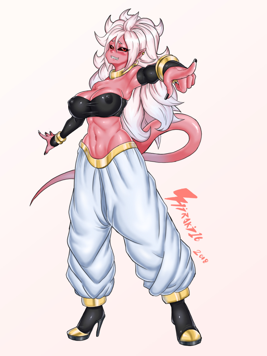 1girls 2010s android_21 black_sclera breasts clothed dark_persona dragon_ball dragon_ball_fighterz female female_only full_body fully_clothed harem_outfit hirakiart humanoid large_breasts long_hair majin majin_android_21 monster_girl nipple_bulge pants perky_breasts pink_skin pointing pointy_ears red_eyes smile solo standing tail white_hair