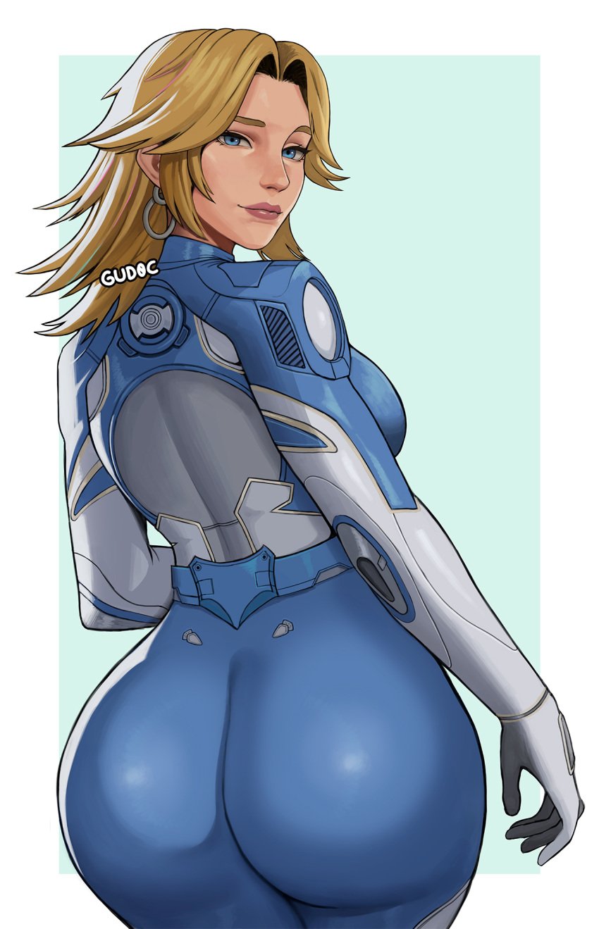 2d ass blonde_hair blue_eyes bodysuit earrings fantastic_four fat_ass fully_clothed gud0c huge_ass invisible_woman invisible_woman_(marvel_rivals) looking_at_viewer looking_back marvel marvel_rivals milf pawg sue_storm thick_ass