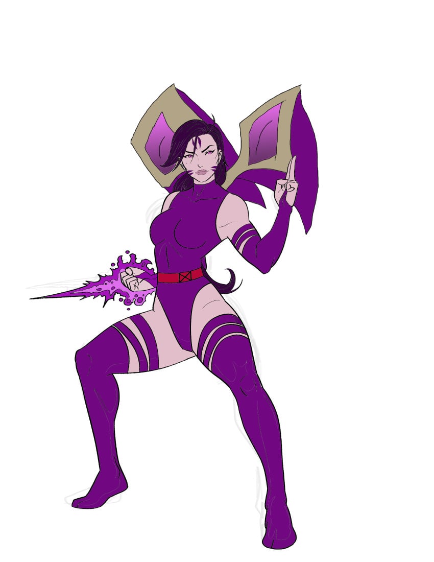 2d bodysuit full_body fully_clothed fusion kai&#039;sa league_of_legends markings marvel marvel_comics pink_eyes psylocke purple_hair riot_games tight_clothing x-men