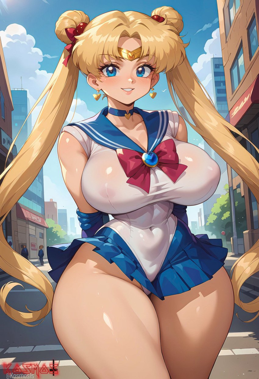 ai_generated athletic_female bare_thighs big_breasts bishoujo_senshi_sailor_moon blonde_hair blue_eyes huge_breasts huge_thighs kosmos1s light-skinned_female light_skin looking_at_viewer magical_girl massive_breasts miniskirt sailor_moon sailor_uniform smiling solo_female squatting sweat sweatdrop thick_thighs thighs twintails usagi_tsukino voluptuous voluptuous_female