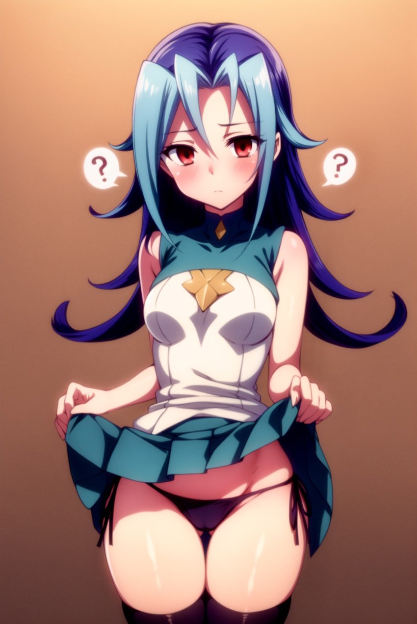 ai_generated blue_hair blush female kamishiro_rio legwear long_hair looking_at_viewer maru^^ red_eyes rio_kamishiro school_uniform skirt_up solo teenager thighs underwear yu-gi-oh! yu-gi-oh!_zexal