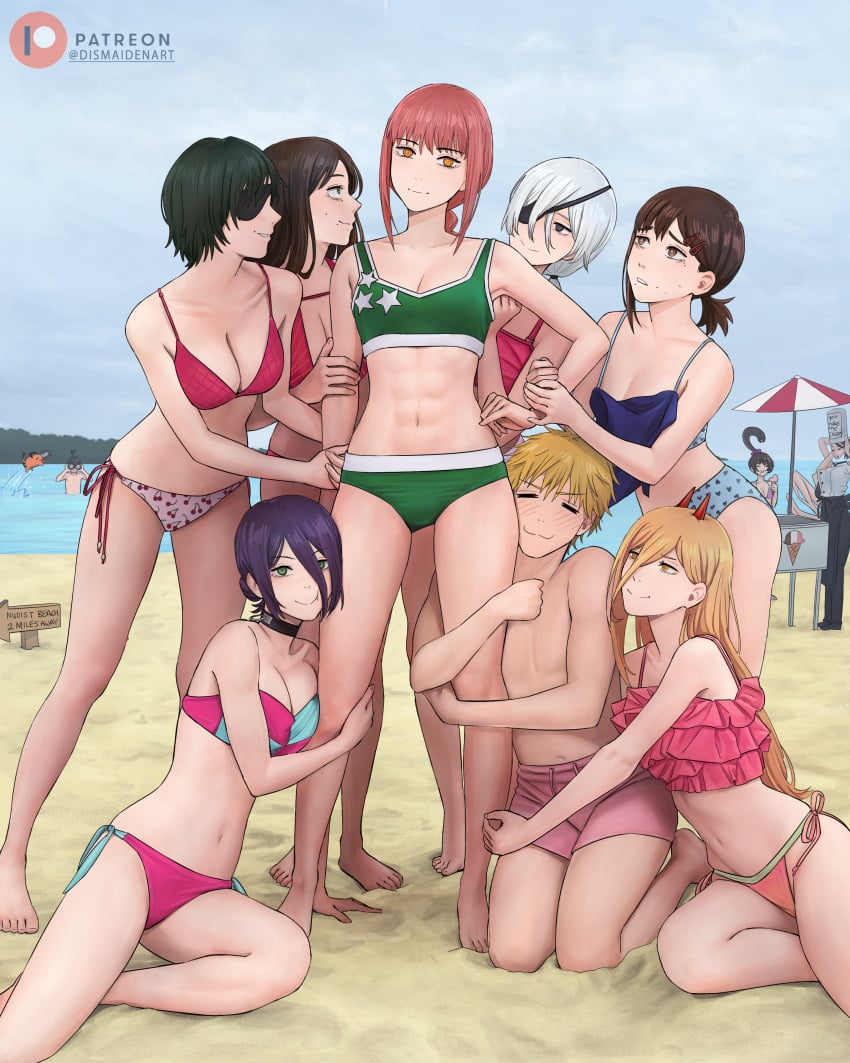 2boys 6+girls :3 =_= abs absurdres apron artist_name beach beach_umbrella bikini binoculars bisexual_female black_apron black_choker black_hair black_pants blonde_hair blue_bikini braid breasts brown_eyes brown_hair chainsaw chainsaw_man chef_hat cherry_print choker cleavage collarbone commentary creature cross-shaped_pupils day demon_girl demon_horns denji_(chainsaw_man) dismaiden eating english_commentary eyepatch falling_devil_(chainsaw_man) food food_print food_stand full_body grabbing_another's_arm green_bikini grenade_pin grey_eyes hair_ornament hairclip harem hat hayakawa_aki higashiyama_kobeni highres himeno_(chainsaw_man) holding holding_food holding_ice_cream horns ice_cream ice_cream_stand kneeling large_breasts leg_grab light_blush long_hair makima_(chainsaw_man) male_swimwear medium_breasts meme mixed_harem mole mole_under_eye mole_under_mouth multicolored_bikini multiple_boys multiple_girls navel ocean orange_eyes outdoors overcast pants patreon_logo patreon_username photo-referenced pimp pingtsi_(chainsaw_man) pink_bikini pochita_(chainsaw_man) ponytail power_(chainsaw_man) quanxi_(chainsaw_man) red_hair red_horns reze_(chainsaw_man) ringed_eyes sand santa_claus_(chainsaw_man) short_hair short_ponytail side-tie_bikini_bottom sidelocks single_braid sky small_breasts standing star_(symbol) star_print sweat swim_trunks swimsuit symbol-shaped_pupils toned toned_female topless_male two-tone_bikini umbrella waist_apron white_hair