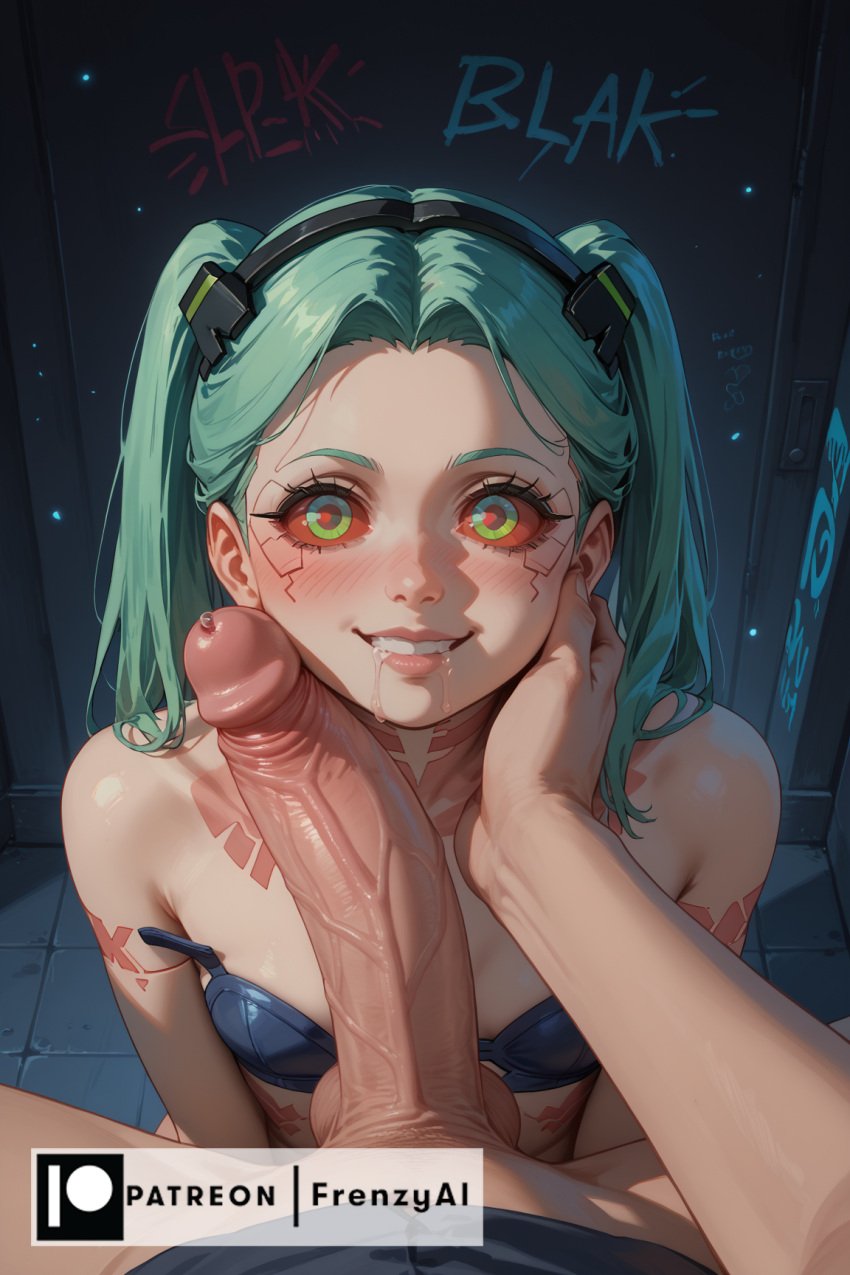 1boy ai_generated artificial_eye before_oral blush bra breasts colored_sclera cyberpunk:_edgerunners cyborg drooling erection female frenzyai green_eyes green_hair grin hairband hand_on_another&#039;s_cheek hand_on_another&#039;s_face horny horny_female long_hair looking_at_viewer mechanical_eye patreon_username penis petite pov rebecca_(edgerunners) red_sclera small_breasts smile solo_focus straight tattoo teeth twintails uncensored underwear