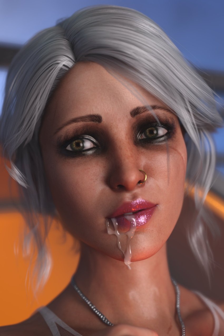 cd_projekt_red ciri cum cum_in_mouth cum_on_face female freckles green_eyes light-skinned_female looking_at_viewer mascara nose_piercing prozac-parade scar solo the_witcher_(series) the_witcher_3:_wild_hunt white_hair