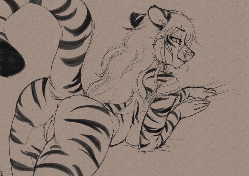 1girls anthro ass breasts feline female female_only foxboy83 furry kseniya looking_back mammal monochrome original_character presenting presenting_hindquarters pussy sideboob solo tiger tigress underboob