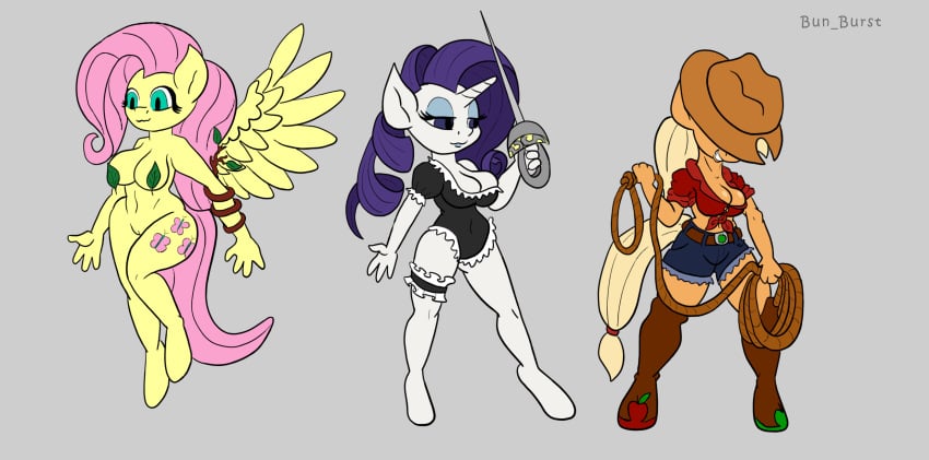 anthro applejack_(mlp) big_breasts breasts bun_burst curvy_figure earth_pony equid equine female fluttershy_(mlp) friendship_is_magic group hasbro hi_res horn horse hourglass_figure lasso leaf_pasties mammal melee_weapon mostly_nude my_little_pony mythological_creature mythological_equine mythology pegasus pony rapier rarity_(mlp) sword trio unicorn weapon wings