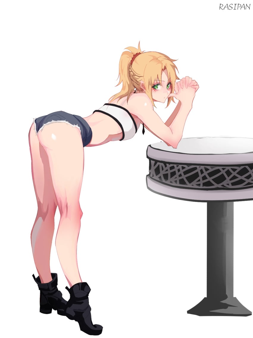 blonde_hair blush breasts fate/grand_order fate_(series) fujimaru_ritsuka_(male) green_eyes hair_ornament hair_scrunchie highres micro_shorts mordred_(fate) mordred_(fate/apocrypha) ponytail rasipan scrunchie short_ponytail shorts small_breasts white_background