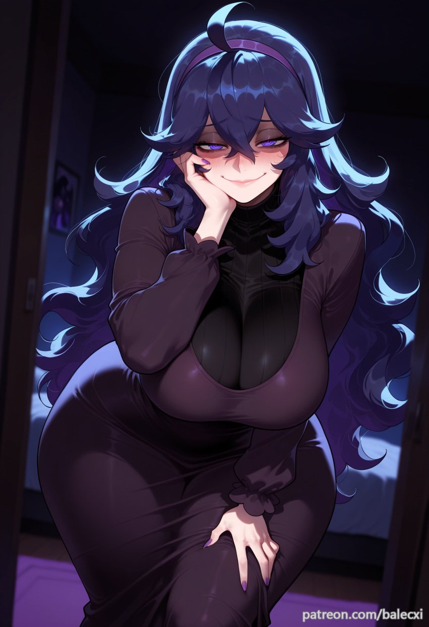 @_@ ahoge ai_generated alternate_breast_size balecxi black_dress female hair_between_eyes hand_on_own_cheek hand_on_own_face hex_maniac hex_maniac_(pokemon) large_breasts leaning_forward long_hair looking_at_viewer patreon_username pokemon pokemon_xy purple_eyes purple_hair purple_hairband purple_nails smile solo