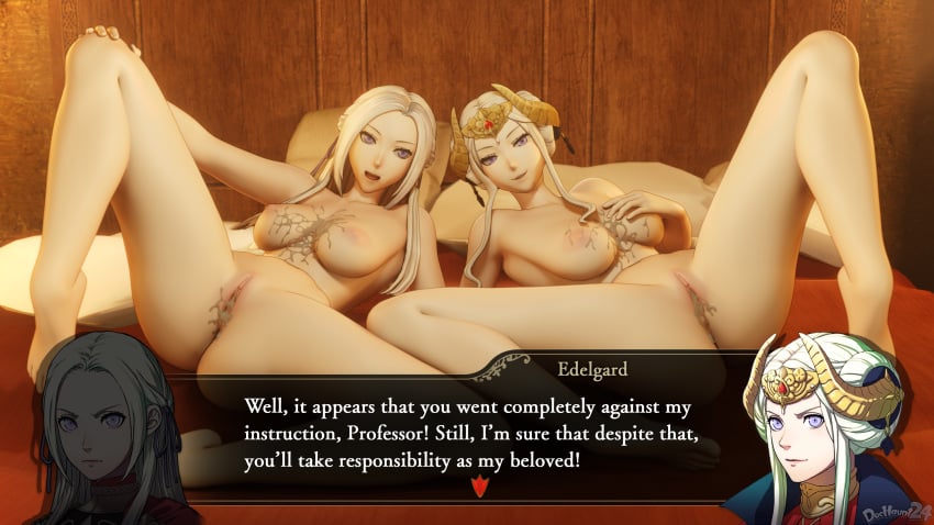 2girls after_sex after_vaginal artist_name ass big_ass breasts completely_nude creampie cum cum_on_body cum_on_breasts dochaunt24 dual_persona edelgard_von_hresvelg empress english_text female female_only fire_emblem fire_emblem:_three_houses hand_on_own_chest impregnation_risk light-skinned_female light_skin long_hair lovers mature mature_female medium_breasts multiple_girls nintendo nipples nude nude_female one_after_another open_mouth post-timeskip pre-timeskip presenting purple_eyes red_bra red_panties royalty short_hair smile spread_legs text text_box time_paradox tricked white_hair