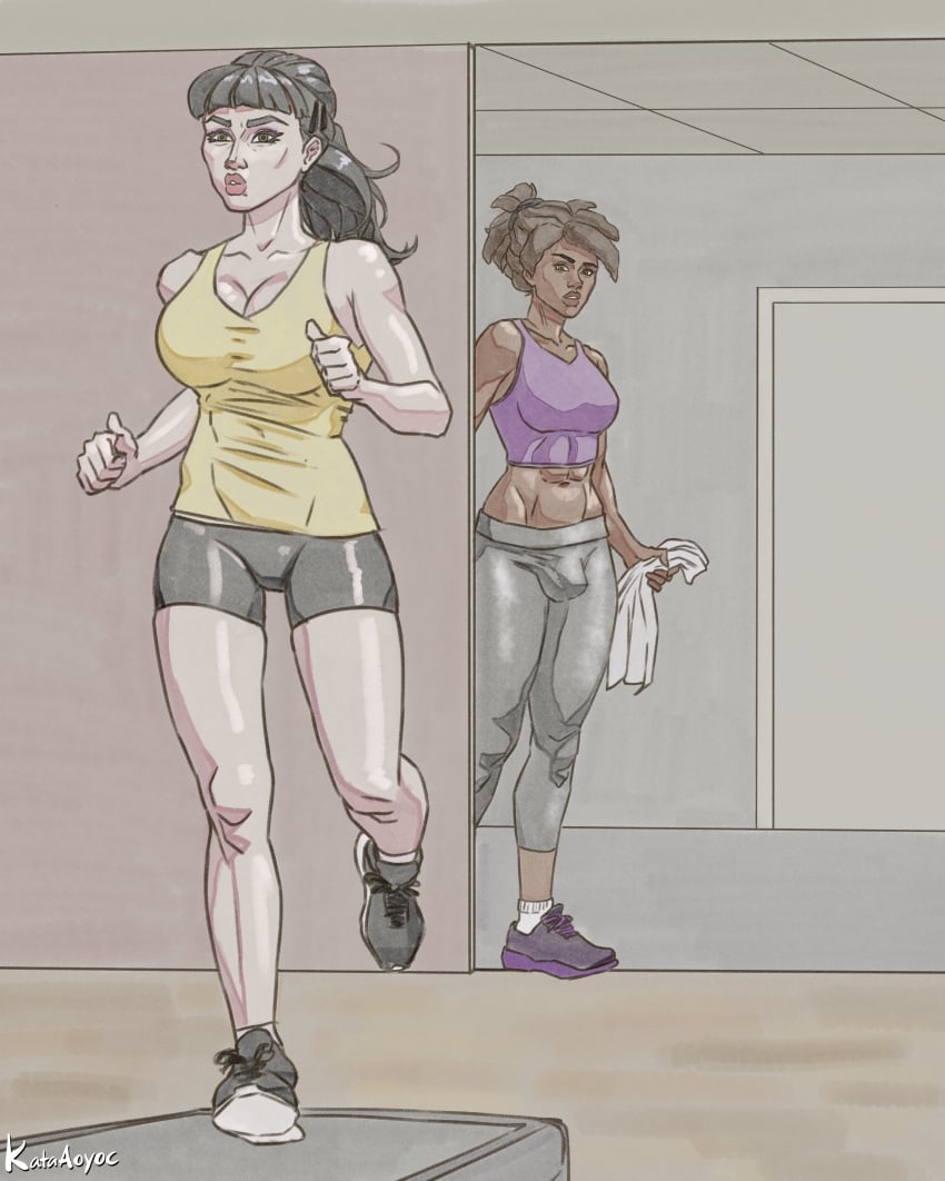 1futa 1girls bulge bulge_through_clothing dark-skinned_futanari dark_skin female futanari gym kataaoyoc light-skinned_female light_skin treadmill