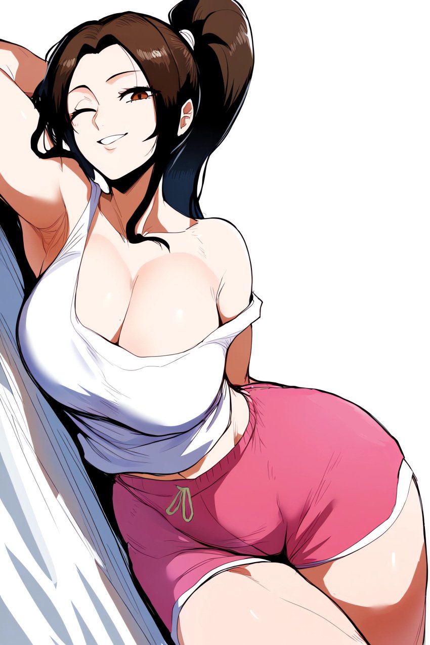 1girls big_breasts breasts brown_eyes brown_hair busty capcom casual cleavage depravedtsunami female female_only large_breasts mai_shiranui pink_shorts shorts solo street_fighter street_fighter_6 tank_top thick_thighs white_tank_top wink