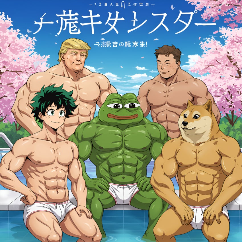 5boys ai_generated boku_no_hero_academia doge donald_trump doujin doujin_cover doujinshi elon_musk izuku_midoriya japanese japanese_text light-skinned_male light_skin love love_always_wins lovers male male_only manga manga_cover meme multiple_males multiple_penises muscles muscular my_hero_academia penis pepe_the_frog political politician politics riku_tanigawa wholesome