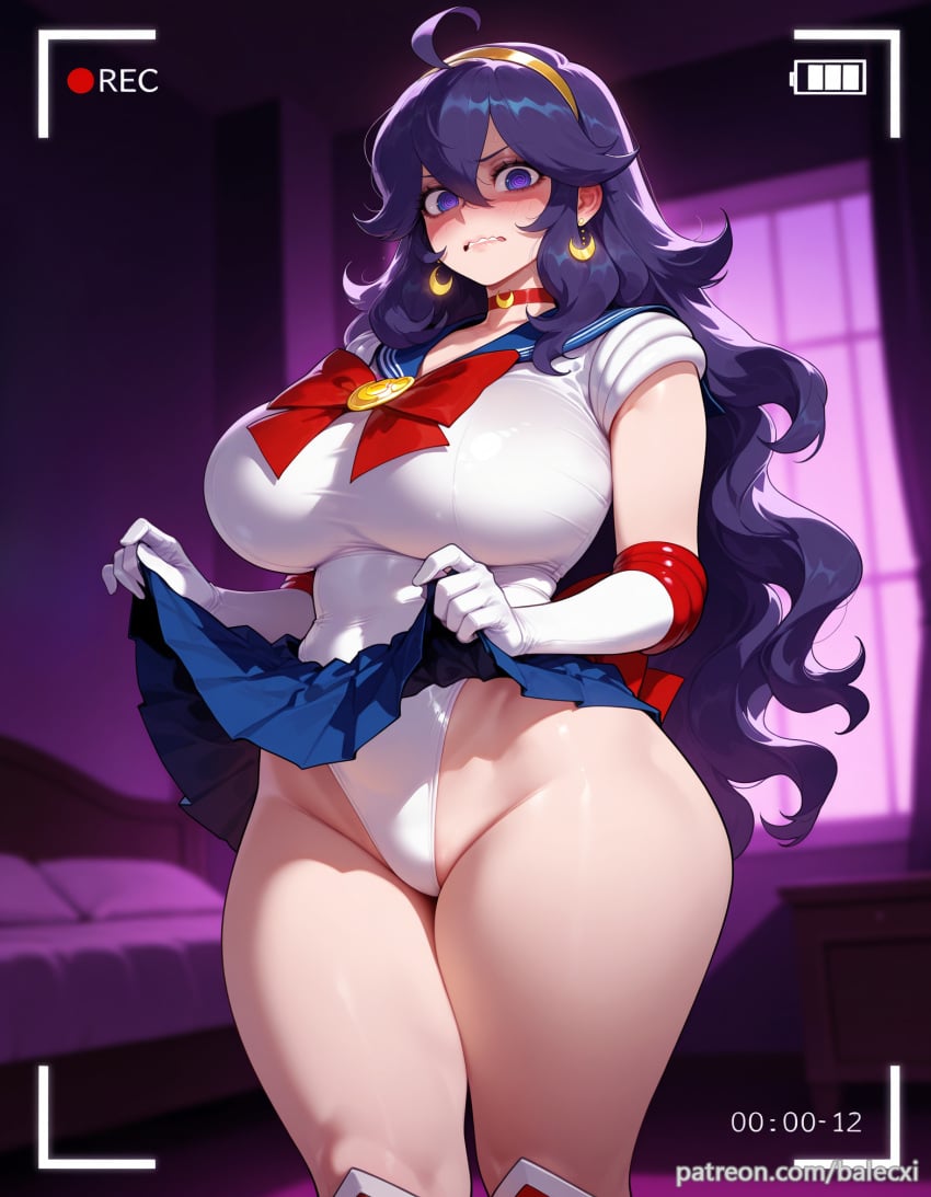 @_@ ahoge ai_generated alternate_breast_size balecxi bishoujo_senshi_sailor_moon blue_skirt blush clenched_teeth cosplay earrings elbow_gloves female hairband hex_maniac highleg highleg_leotard jewelry large_breasts long_hair looking_at_viewer pokemon pokemon_xy purple_eyes purple_hair recording red_choker sailor_collar sailor_moon_(cosplay) sailor_senshi_uniform skirt_lift solo thick_thighs white_gloves white_leotard