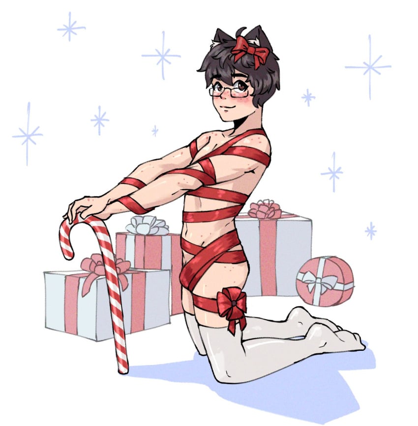 1boy blush candy_cane cat_boy cat_ears christmas_present femboy freckles glasses jocat jocat_(character) solo solo_male stockings twink wrapped wrappings wraps