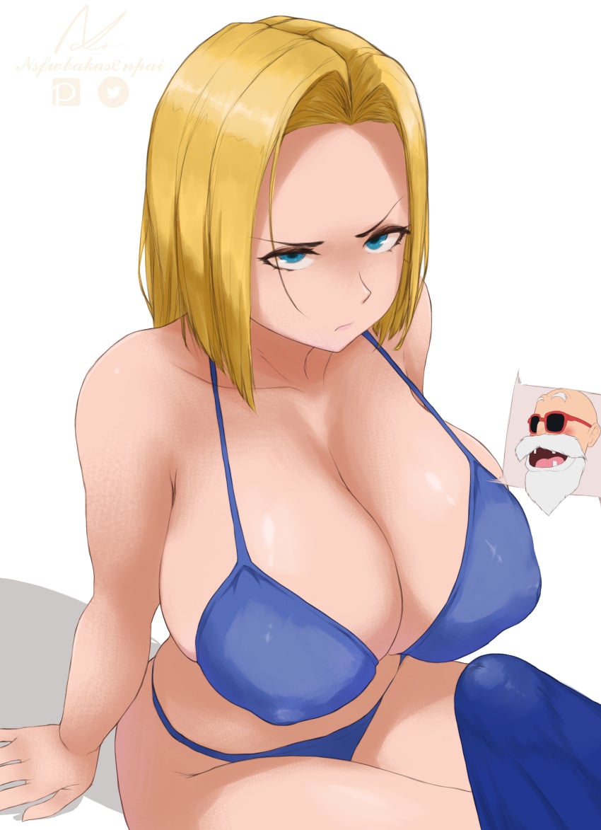 1boy 1girls age_difference android android_18 bald big_breasts bikini blonde_hair blue_bikini blue_eyes blush dragon_ball dragon_ball_z facial_hair female male master_roshi nbaka001 nipple_bulge older_male short_hair sunglasses white_hair younger_female