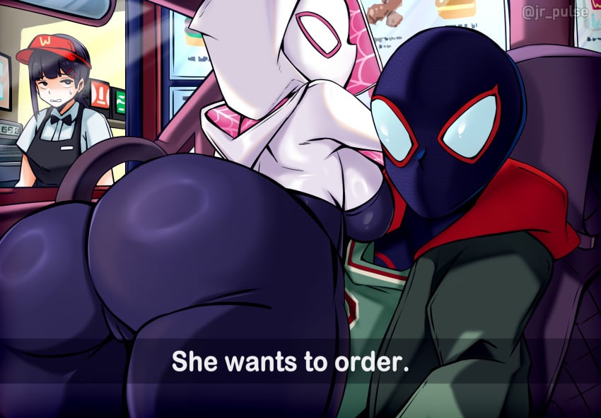 1boy 2girls ass breasts cameltoe dark-skinned_male dark_skin drive_thru english_text gwen_stacy jrpuls3 large_ass large_breasts light-skinned_female light_skin meme miles_morales spider-gwen spider-man spider-man_(series) text thick_thighs thighs