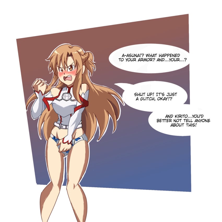 embarrassed imsomethingradical no_pants panties pantsless sword_art_online text text_bubble underwear wardrobe_malfunction yuuki_asuna