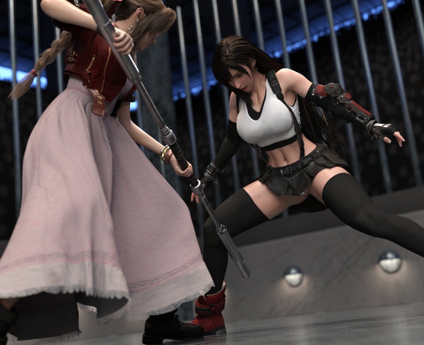 3d aerith_gainsborough catfight female_only femdom femsub gcb ryona tifa_lockhart yuri