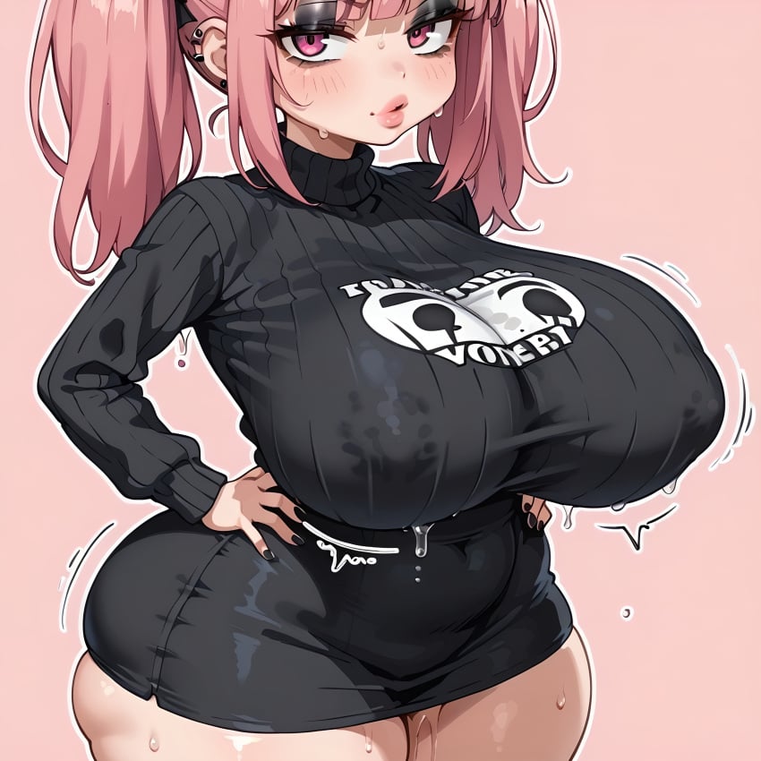 1:1 ai_generated big_areola big_nipples emo eyeshadow female_only huge_breasts jeans pink_hair plump_lips thick_lips thick_thighs twintails